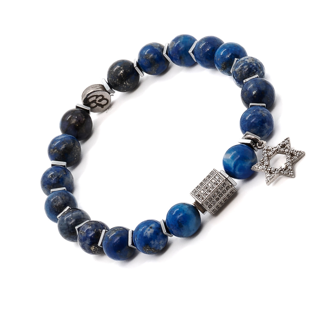 Stylish Lapis Lazuli Bracelet with Silver Star of David and Swarovski Bead
