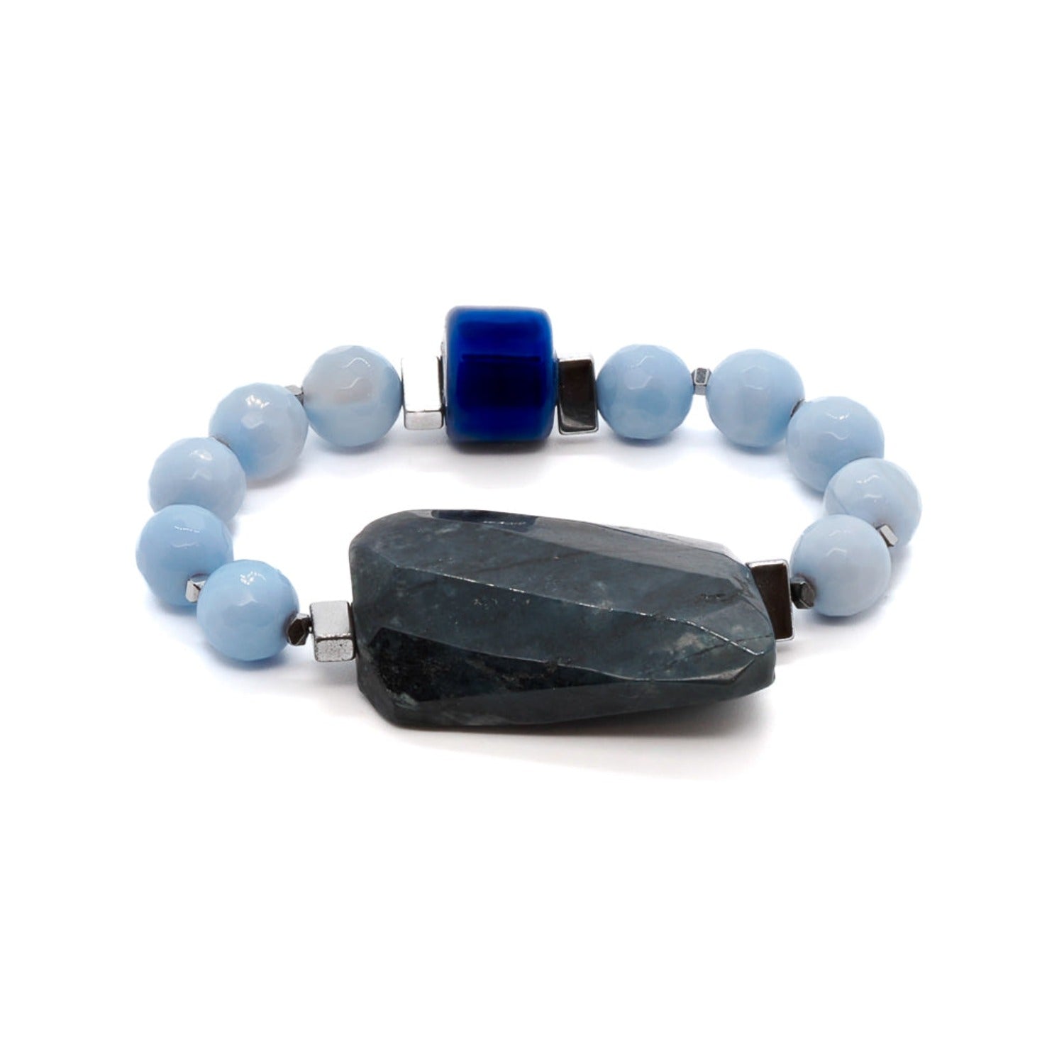 Blue Sky Bracelet with Blue Lace Agate, Hematite, and Jasper Stones