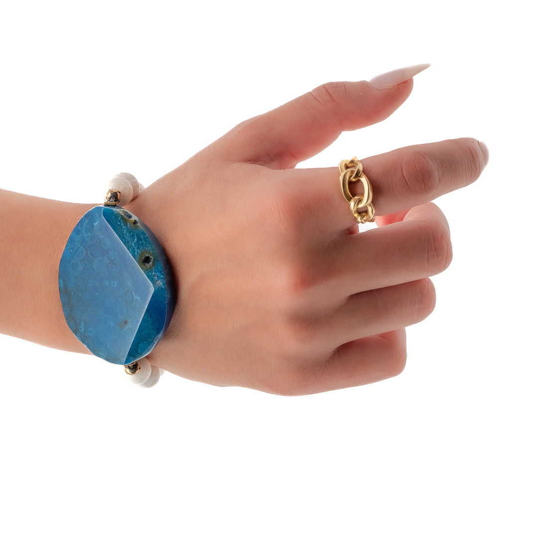 Hand Model Wearing Blue Sky Chunky Bracelet with Blue Agate and White Mountain Jade