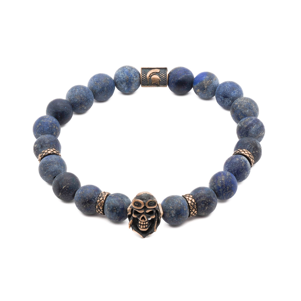 Stylish Blue Lapis Lazuli Men&#39;s Bracelet with Bronze Gladiator Helmet Bead