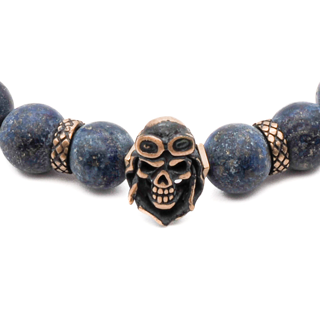 Handcrafted Blue Matte Lapis Lazuli Bracelet for Men with Unique Bronze Details