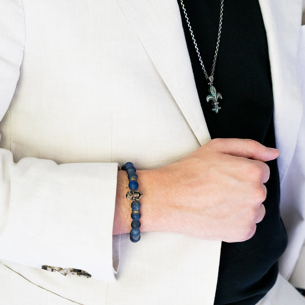 Model Wearing Blue Way Men Bracelet with Lapis Lazuli and Bronze Beads