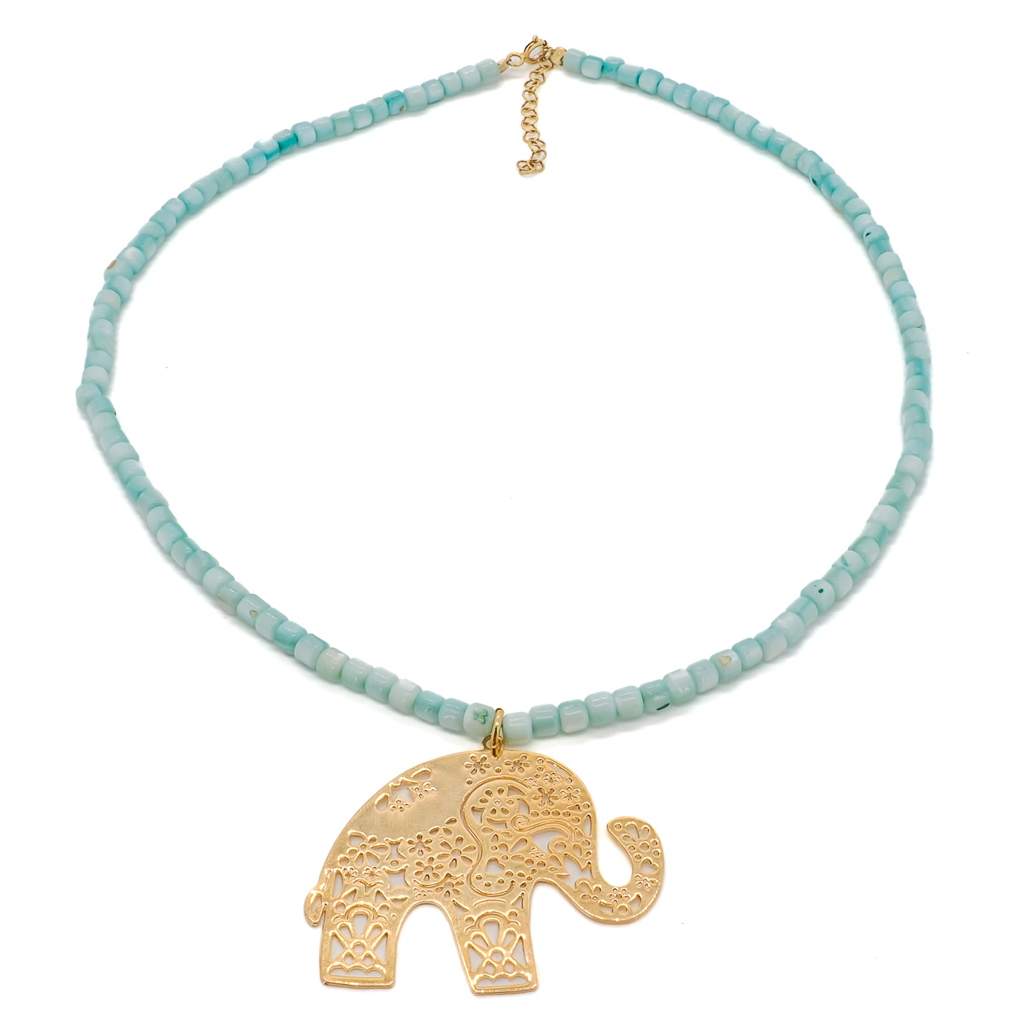 Unique Bohemian Style Necklace with Elephant Charm and Blue Pearl Crystals