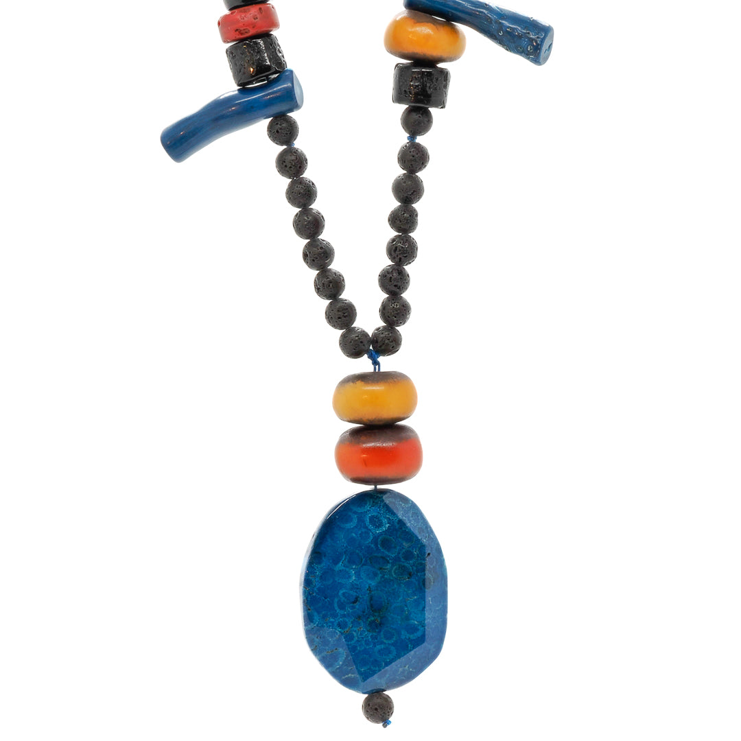 Handmade Necklace with Lava Rock, Coral, Afghan, and Nepal Beads