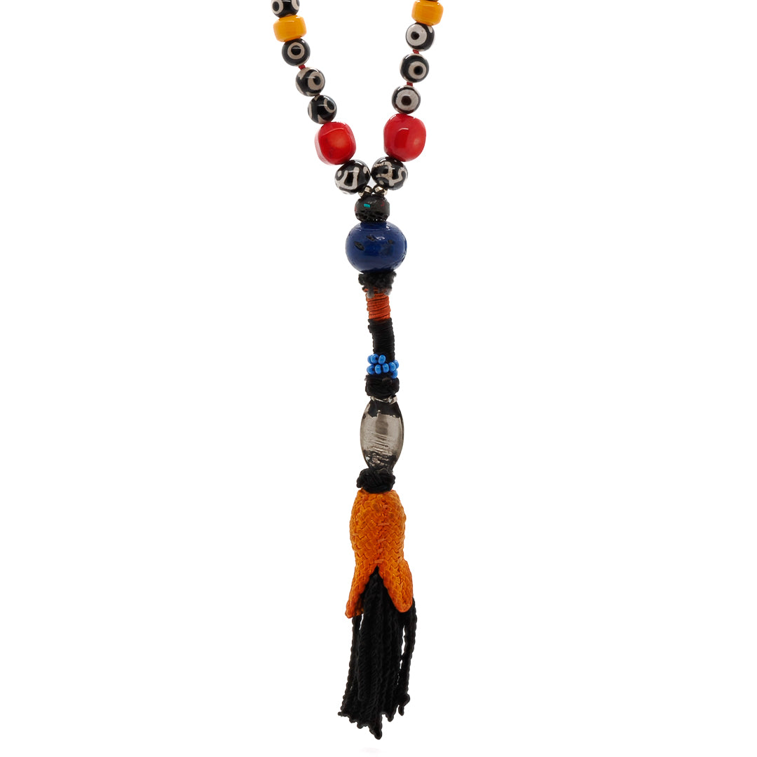Boho Style Tassel Necklace with Black Lava Rock and Evil Eye Beads