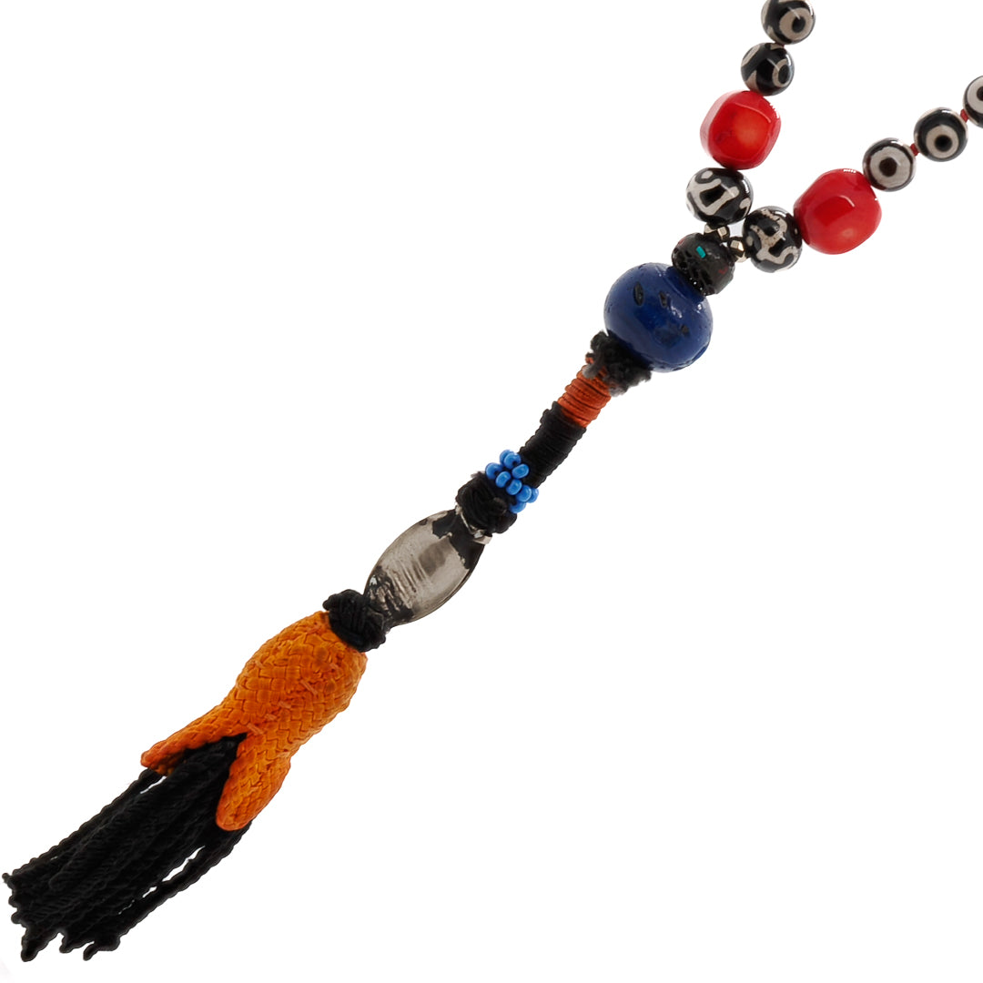 Unique Tassel Necklace with Red Coral and Eye-catching African Beads