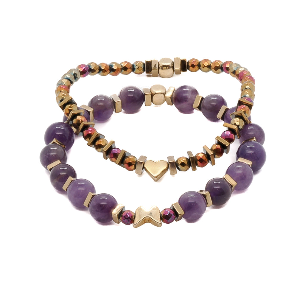 A beautiful Amethyst stone bead bracelet with heart and butterfly charms.