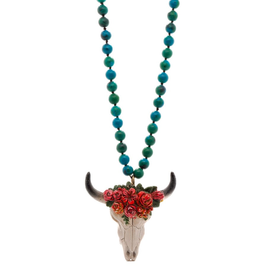 Calm and Peace Necklace with Longhorn Pendant and Chrysocolla Stones