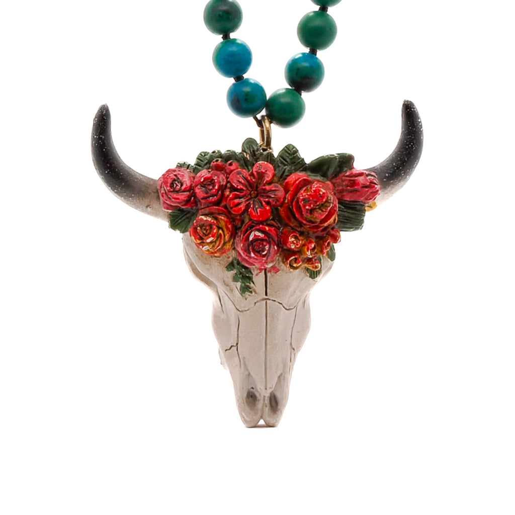 Handmade Bone Longhorn Pendant Necklace with Chrysocolla Stones