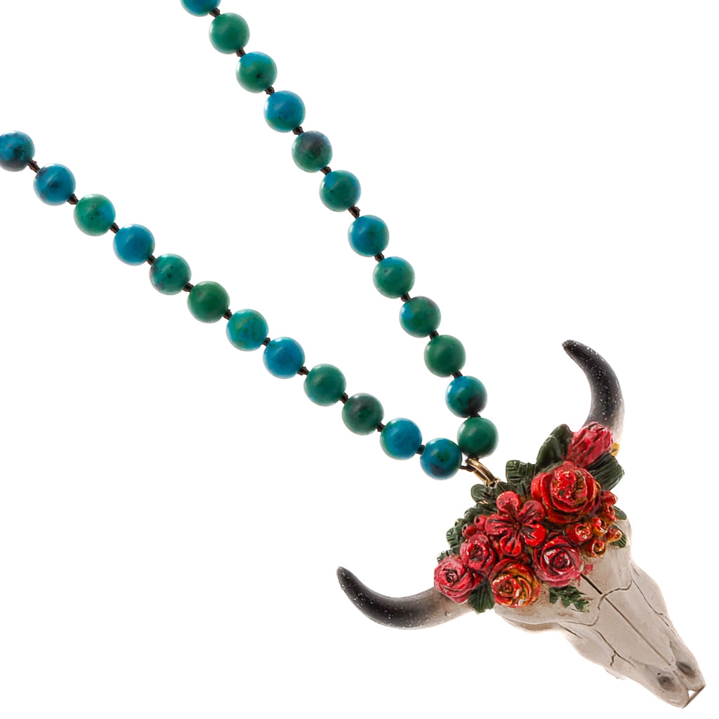 Unique Handmade Necklace with Red Flower Longhorn Pendant