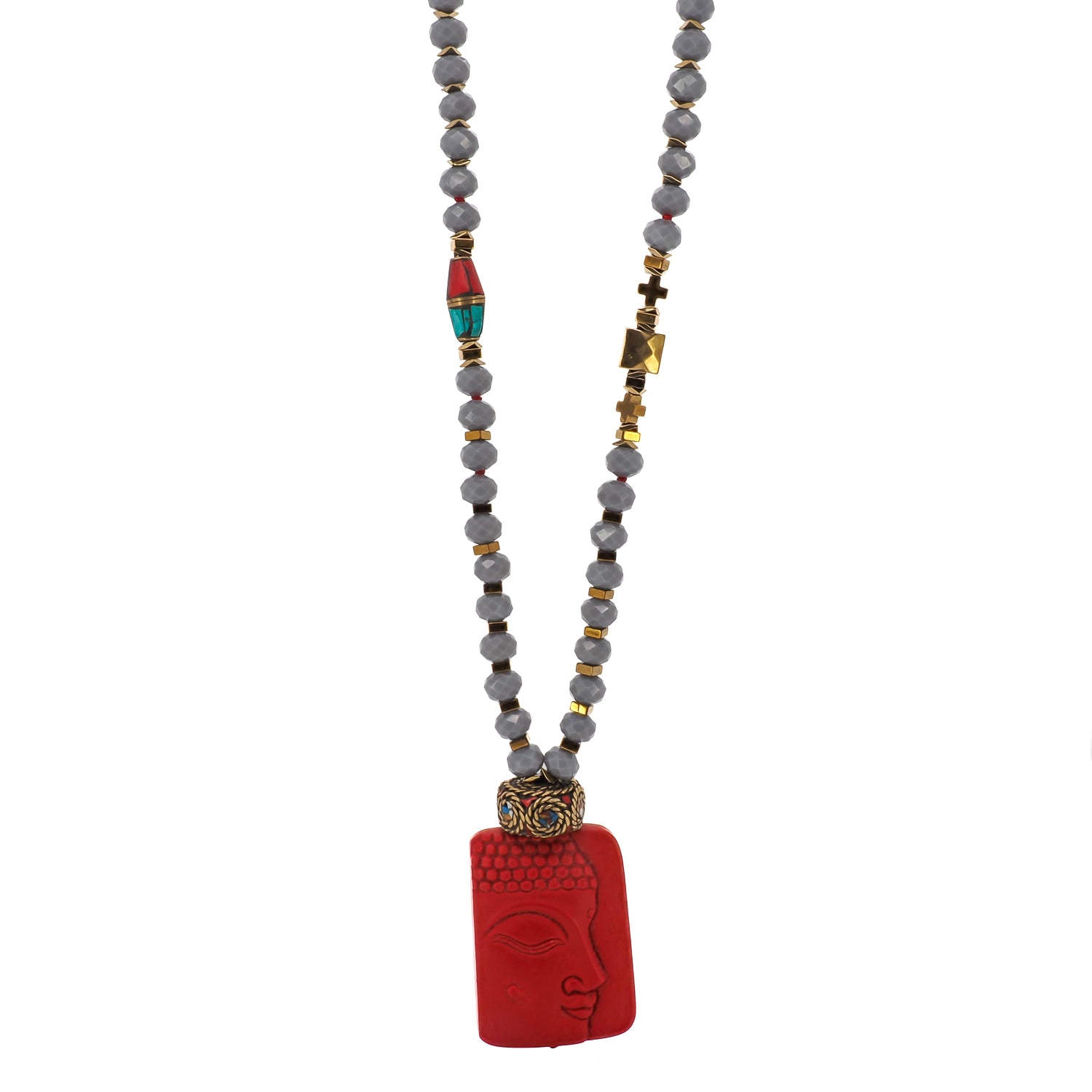 Rustic Red Rope Necklace with Nepal-Hand-Carved Buddha