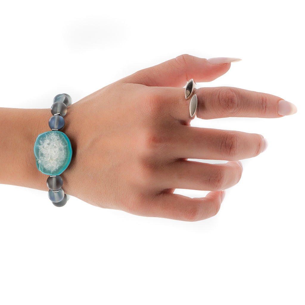 Hand Model wearing Cat Eye Bracelet with Aqua Amazonite Bead