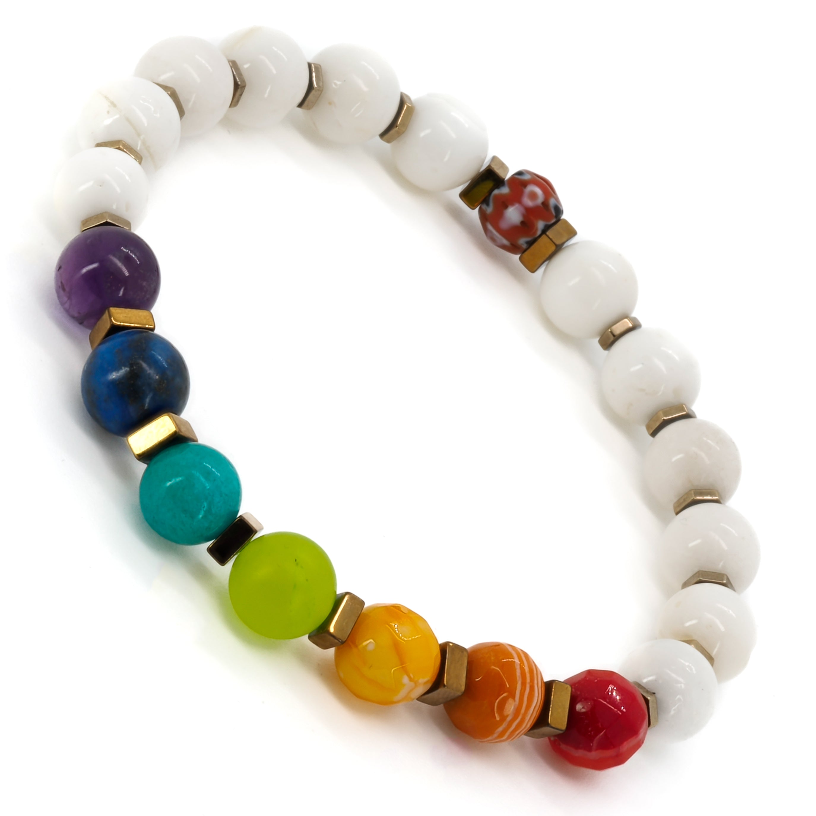 Chakra Bracelet featuring white agate and chakra colors for harmony and well-being.