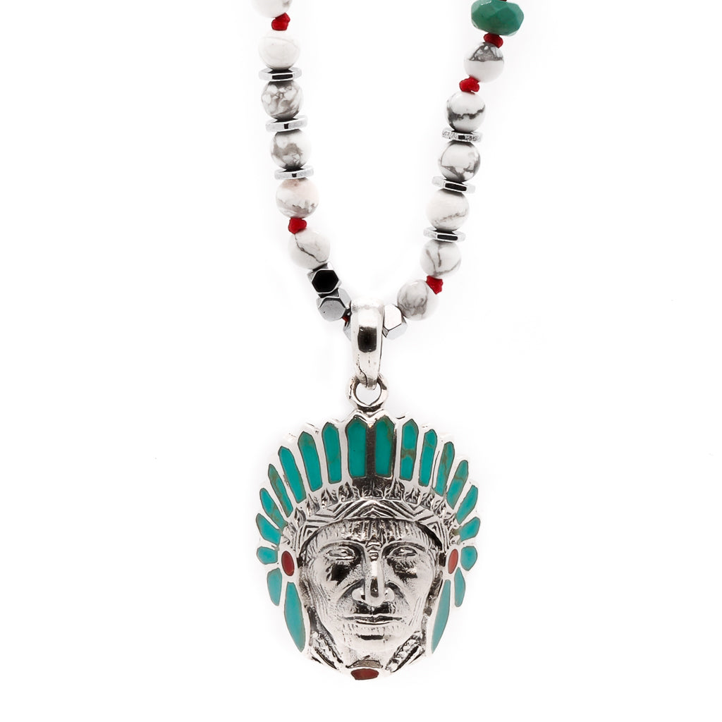 Chief Pendant Native American Necklace with turquoise inlay and powerful turquoise stone beads.