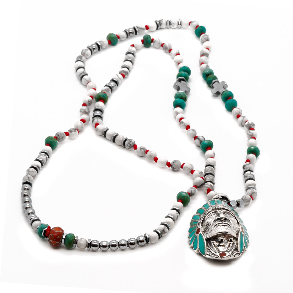 Bold and unique Chief Pendant Necklace with turquoise stone beads and white howlite accents.