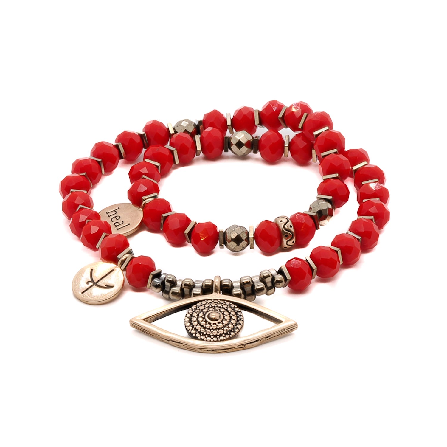 Christmas Evil Eye Bracelet: A double bracelet featuring powerful red color crystal beads and a handmade bronze Evil Eye pendant for protection and good luck.