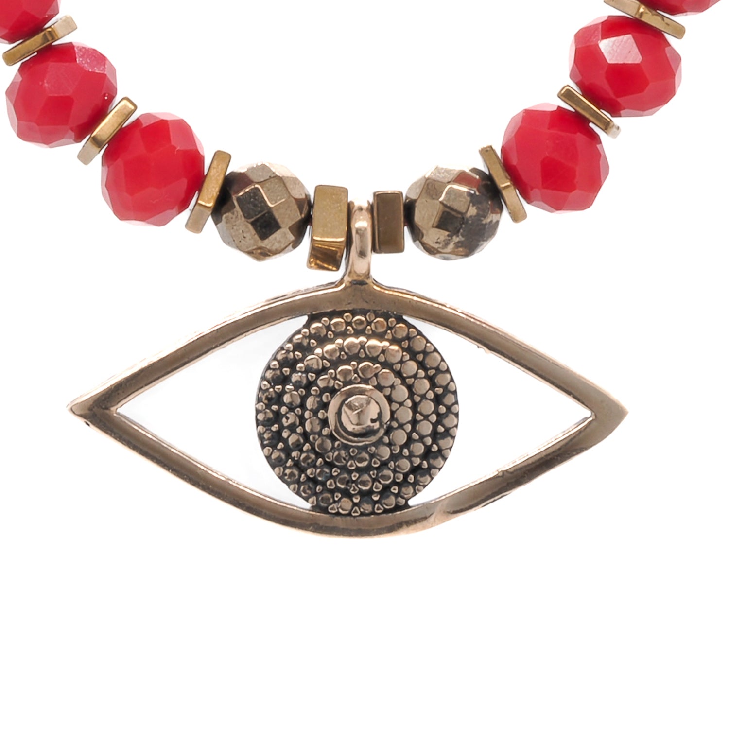Christmas Evil Eye Necklace with vibrant red crystal beads and a handmade bronze Evil Eye pendant.