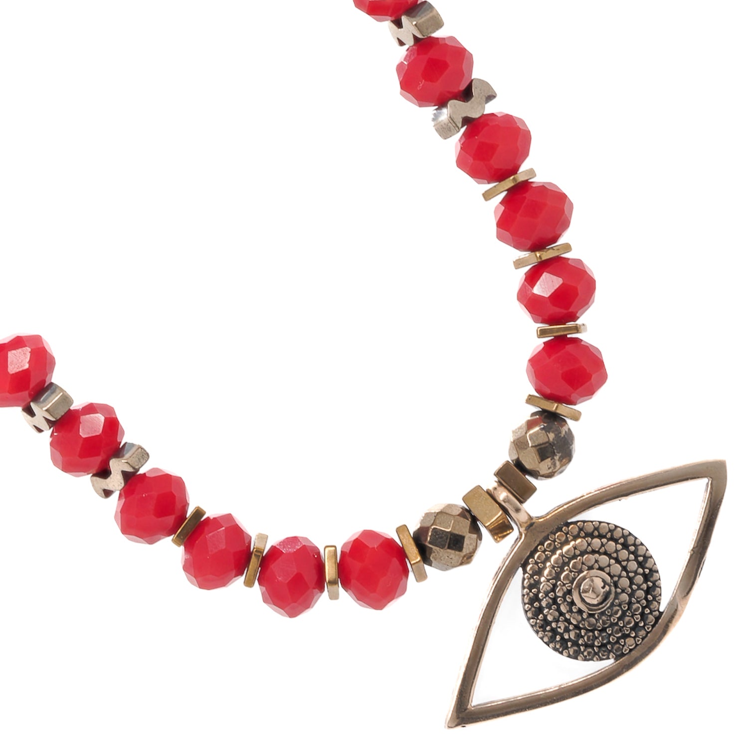 Unique Christmas Evil Eye Necklace adorned with red crystal beads and a gold hematite stone, perfect for the holiday season.