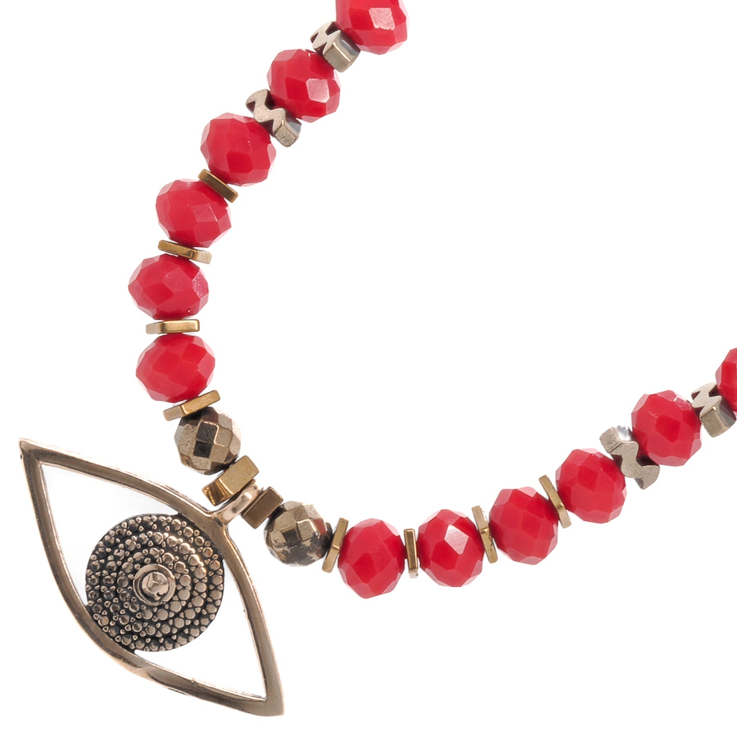 Necklace showcasing the beauty of red crystal beads and a bronze Evil Eye pendant, adding a touch of positivity and protection.