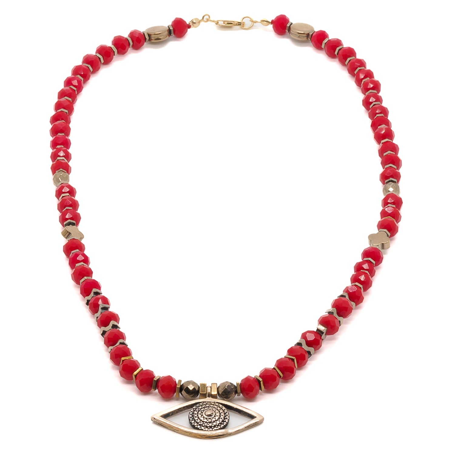 Handcrafted necklace featuring a powerful Evil Eye pendant and red crystal beads, symbolizing protection and positive energy.
