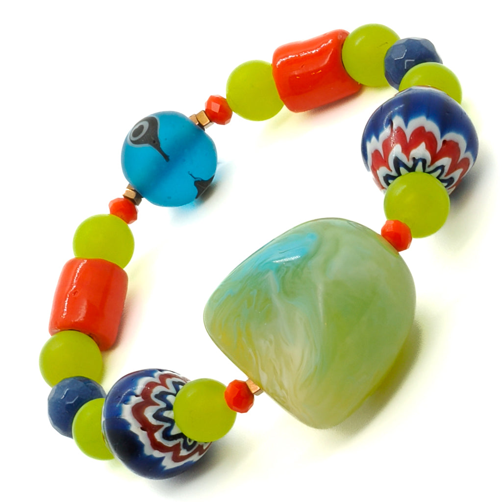 With its combination of African beads, green and blue jade stone beads, and an eye-catching evil eye bead, this bracelet not only brings a vibrant touch to your style but also provides protection and good luck. 