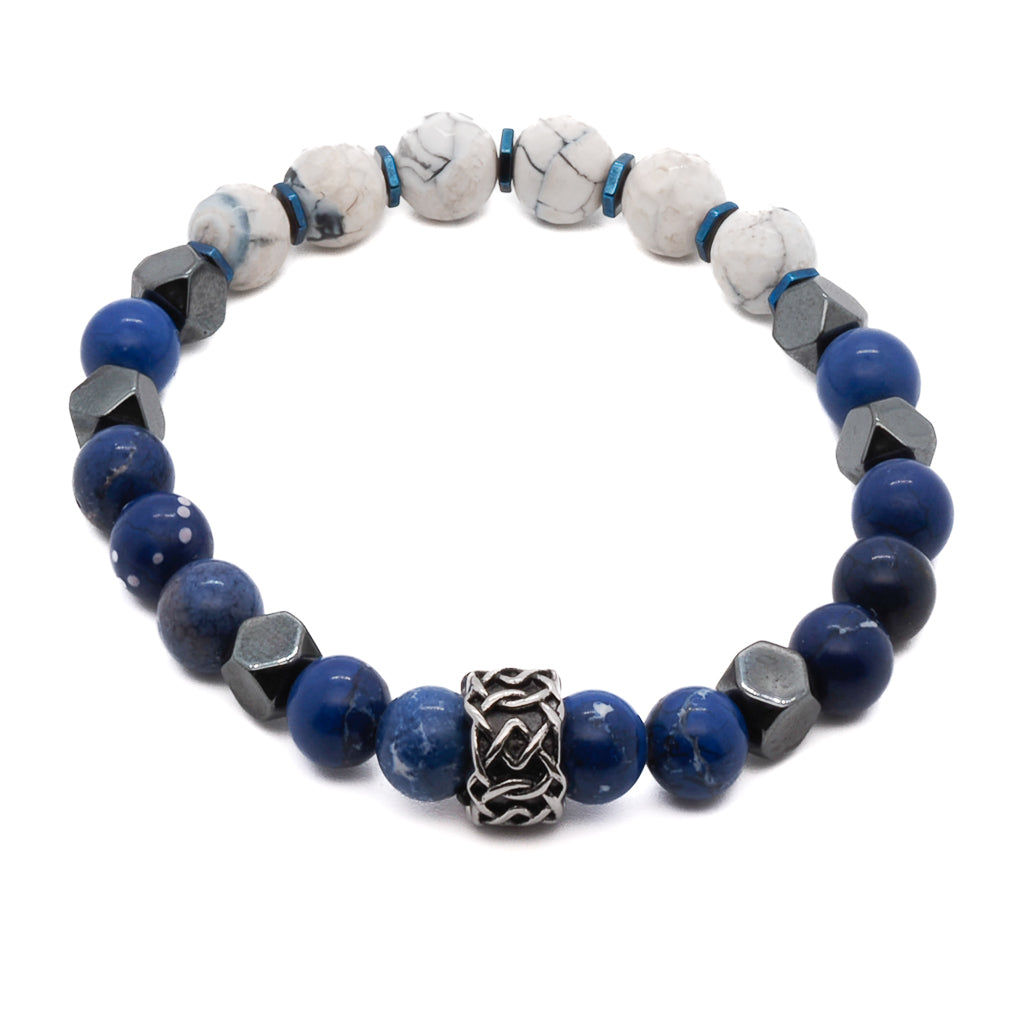 An image showcasing the meticulous craftsmanship of the Deep Blue Bracelet, emphasizing the handmade nature of the piece. The steel accent bead adds a touch of modernity and sophistication.