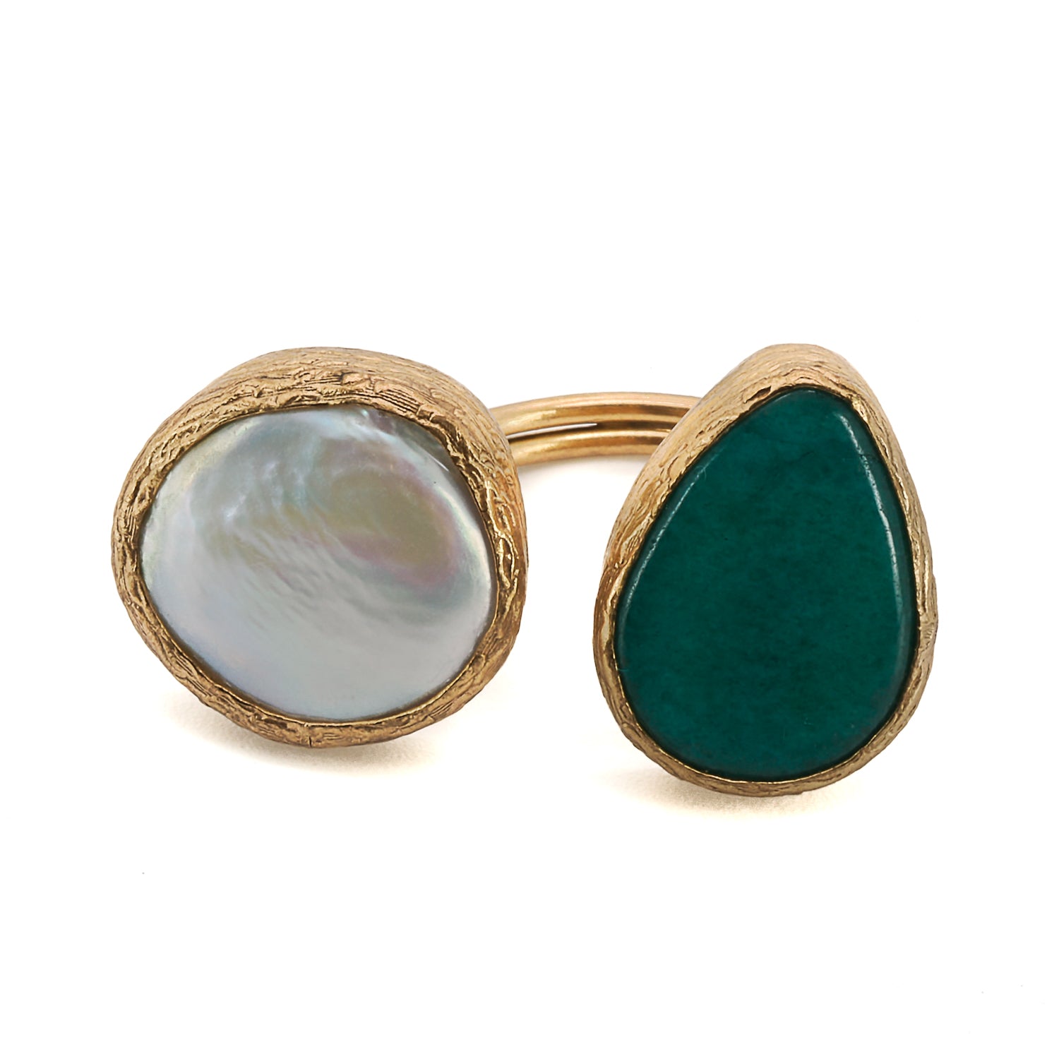 Close-up view of the Double Gemstone Gaia Ring featuring a lustrous gold plated pearl and a striking jade stone.