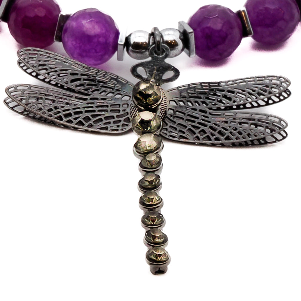 Handcrafted Dragonfly Ankle Bracelet featuring transformative symbolism and enchanting purple jade beads.
