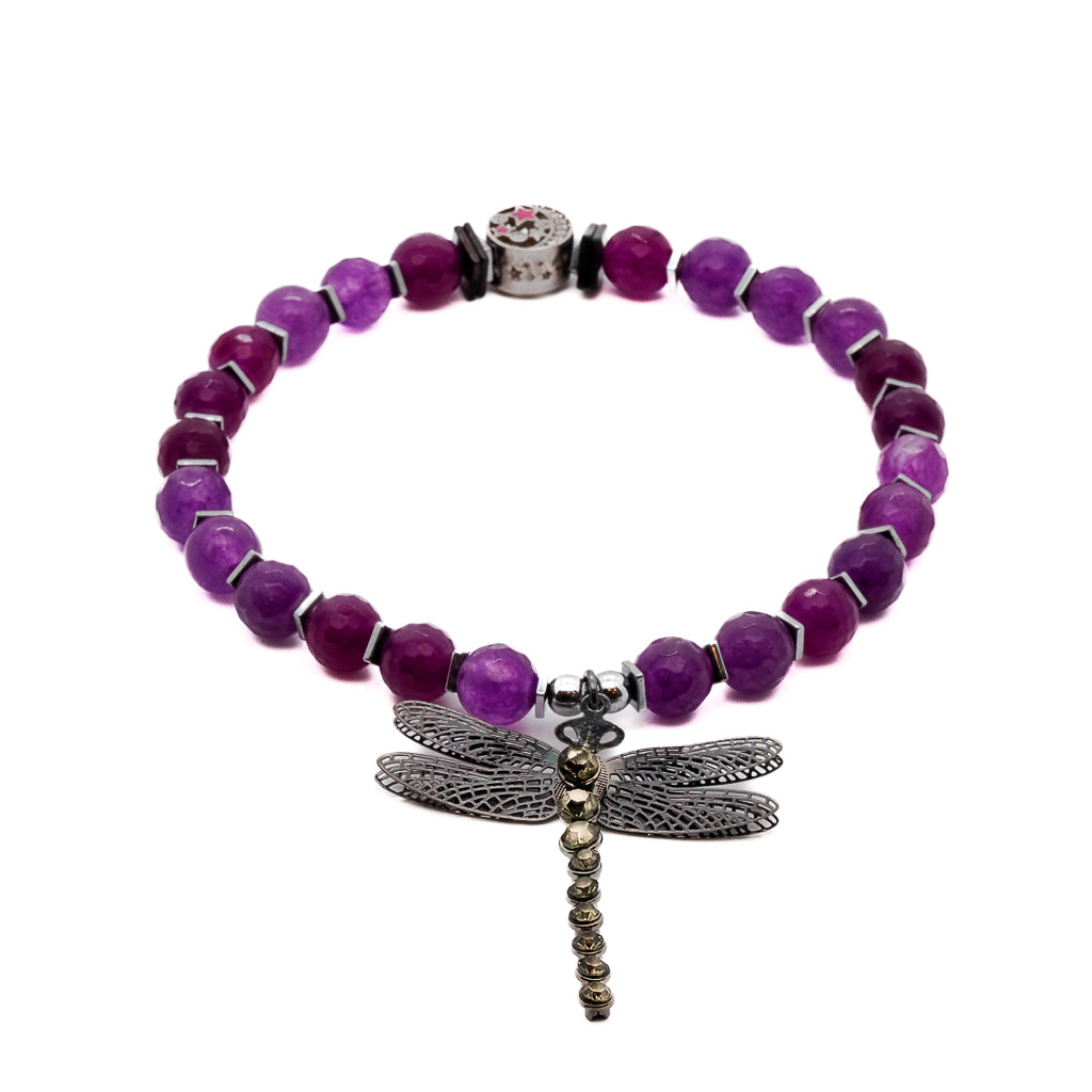 Dragonfly Ankle Bracelet with calming purple jade beads and a silver spiritual dragonfly charm.