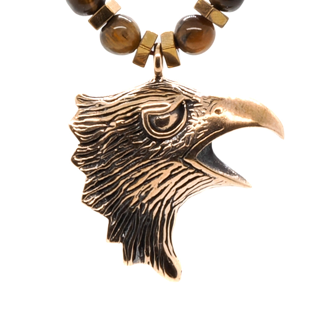 Bronze Eagle Pendant Necklace with Tiger&#39;s Eye Stone Beads, a stylish and meaningful accessory for men and women.