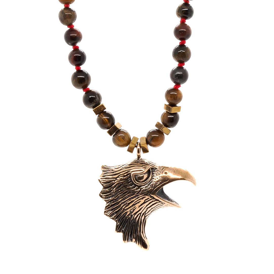 Handmade Eagle Tiger&#39;s Eye Necklace with Bronze Pendant, symbolizing strength and freedom.