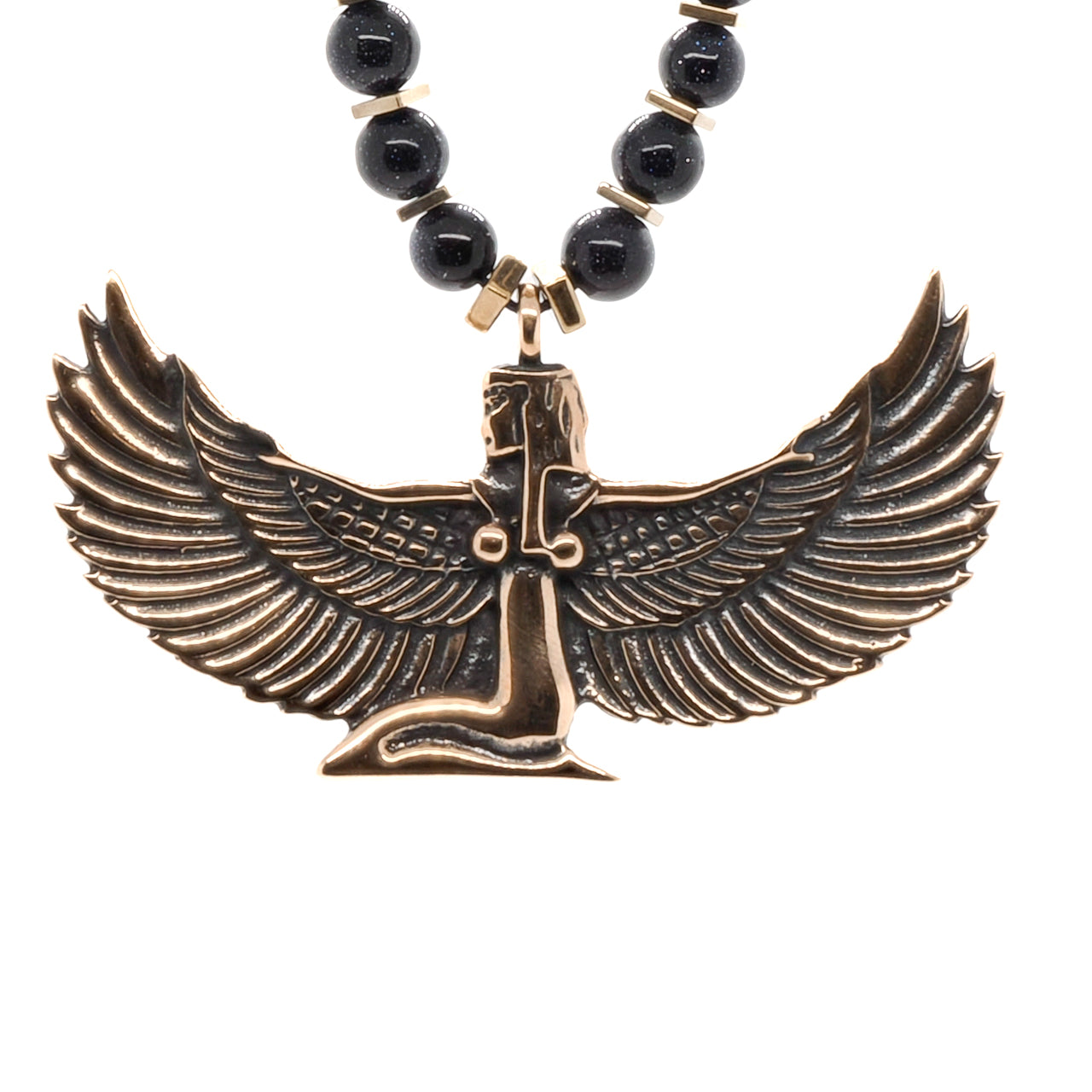 Unique Handmade Necklace with Goddess Isis Pendant and Sand Star Stone Beads, a symbol of healing and magic.