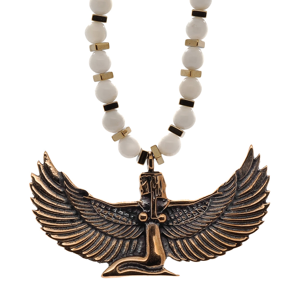 Egyptian Goddess Isis Spiritual Necklace with Tridacna Stone Beads, a symbol of wisdom and protection.