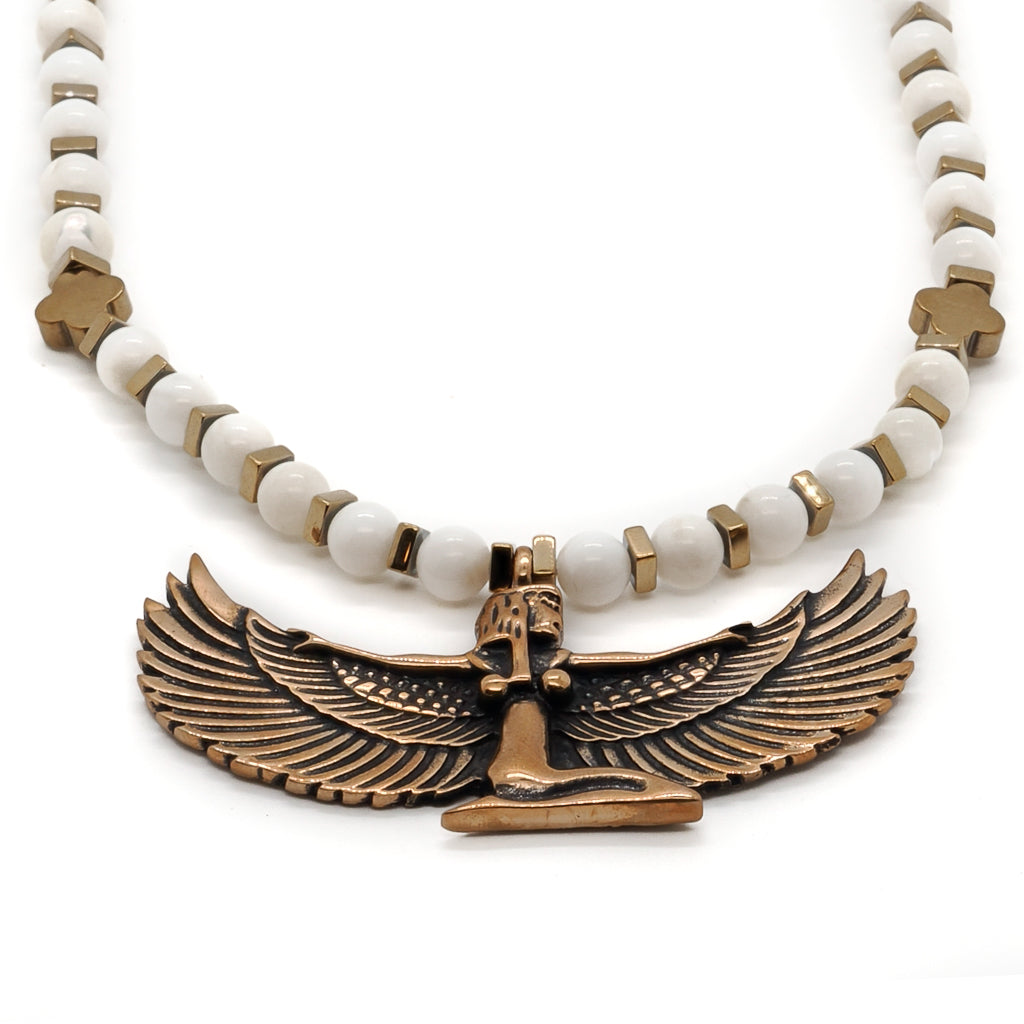 Stunning Egyptian Goddess Isis Necklace with Tridacna Stone Beads and Bronze Pendant, a powerful embodiment of healing energy.