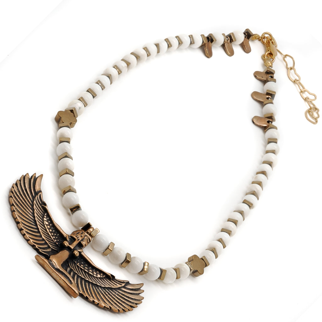 Goddess Isis Spiritual Necklace with Moroccan Flower Beads and Tridacna Stones, a beautiful and meaningful piece for spiritual seekers.