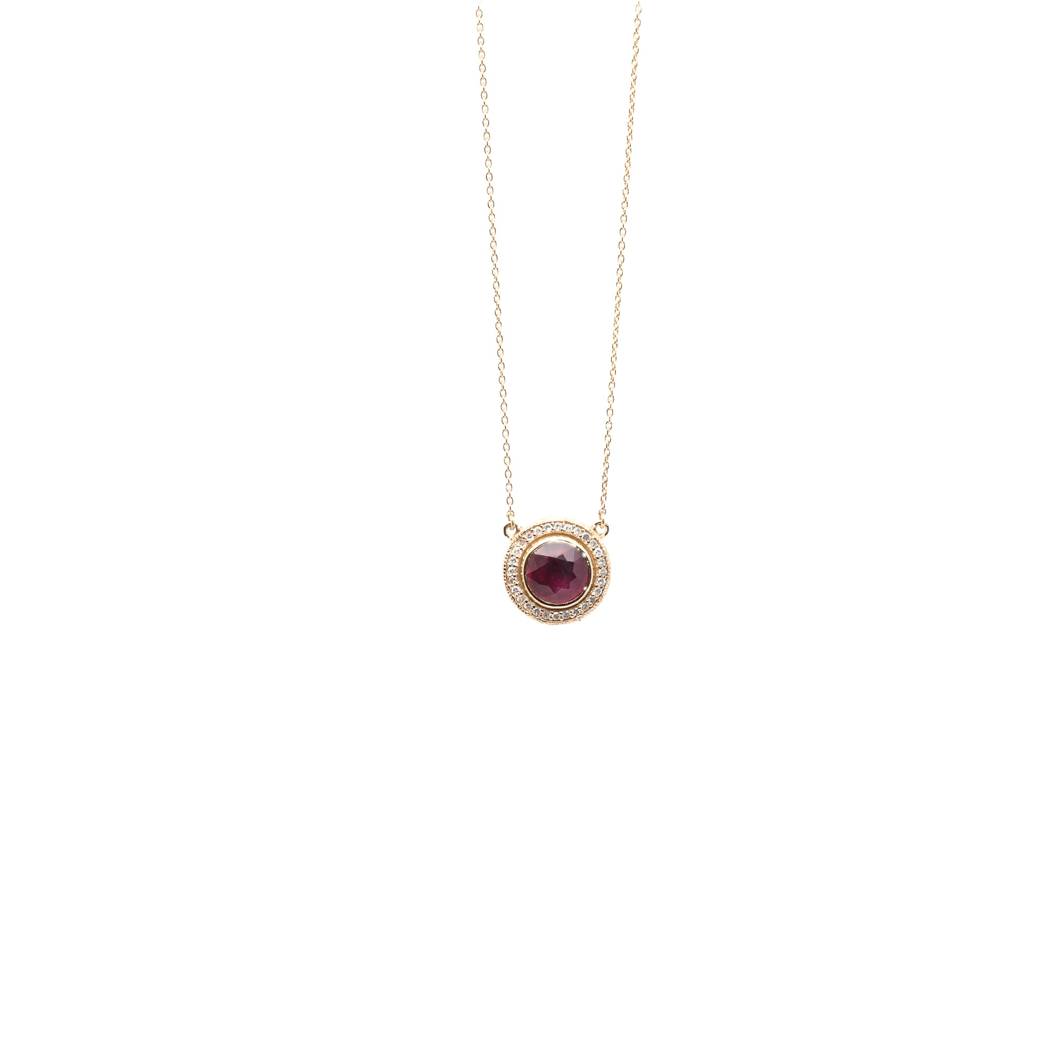 the Elegant Ruby &amp; Diamond Necklace, highlighting the intricate details of the pendant and the delicate 18&quot; gold chain.