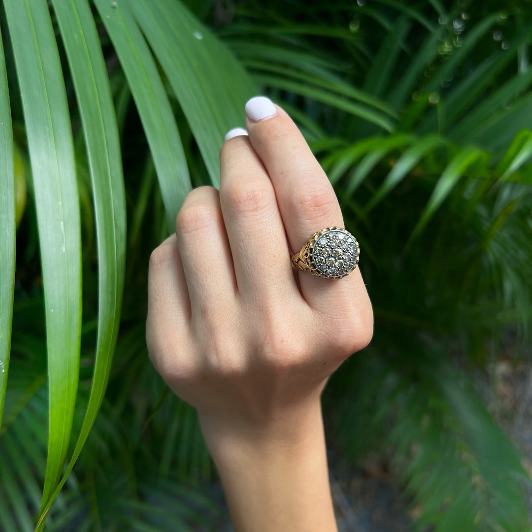 Close-up of a hand model wearing the Elegant Handcrafted Gold and Diamond Ring, demonstrating the perfect fit and elegance on the finger.