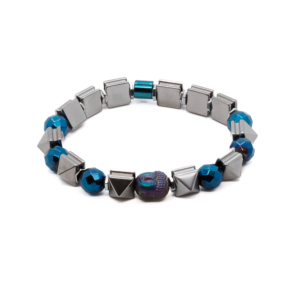 The Energy of Buddha Bracelet - A unique handmade piece featuring hematite pyramid beads, blue faceted hematite beads, and a hematite Buddha bead, symbolizing protection, grounding, and enlightenment.