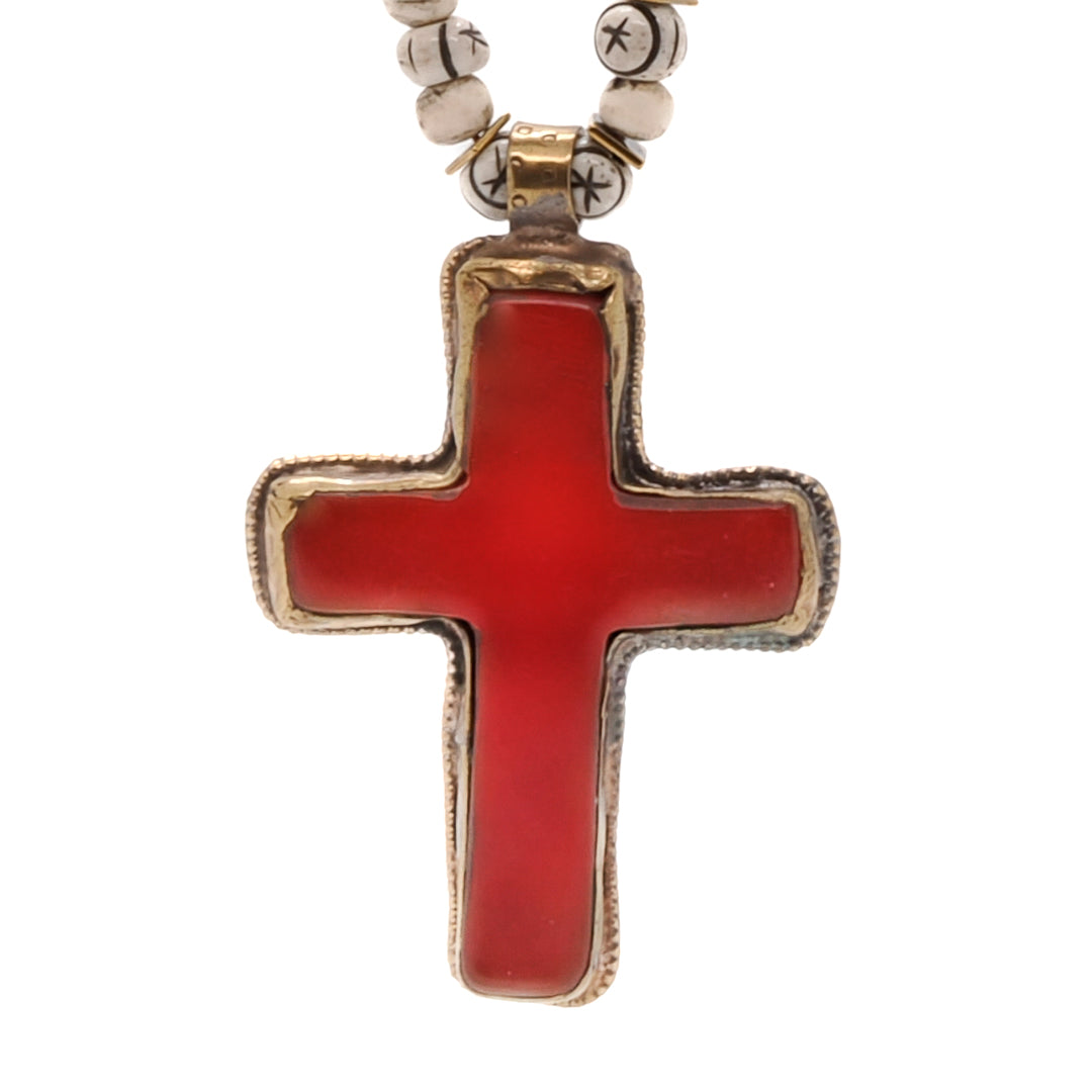Handmade Ethnic Red Cross Necklace - A close-up of the intricate details of the Ethnic Red Cross Necklace. 
