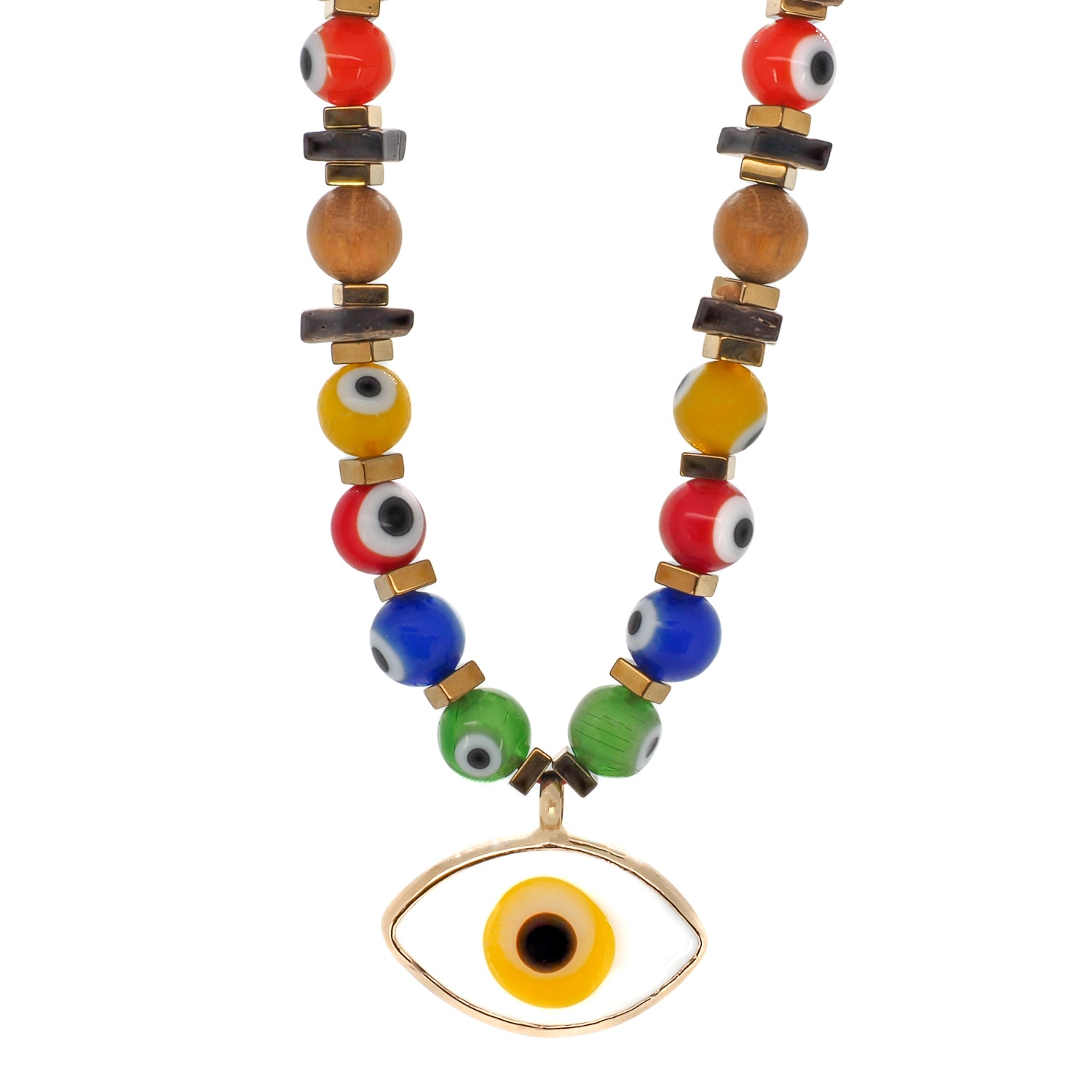 Evil Eye Beaded Necklace - A vibrant and energetic necklace featuring blue, yellow, red, and green glass evil eye beads, as well as gold hematite stone beads and a tree of life pendant. 