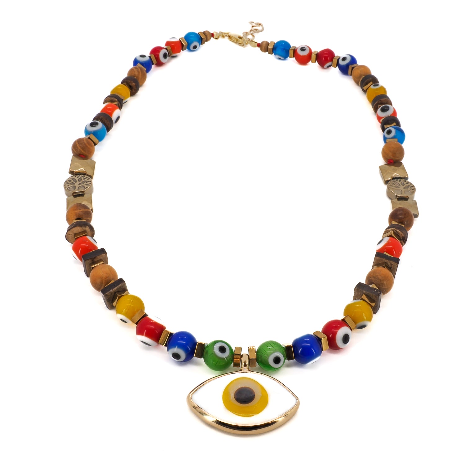 Handcrafted Evil Eye Necklace - A close-up of the intricate details of the Evil Eye Beaded Necklace, showcasing the colorful glass evil eye beads, gold hematite stone beads, and the tree of life pendant. 