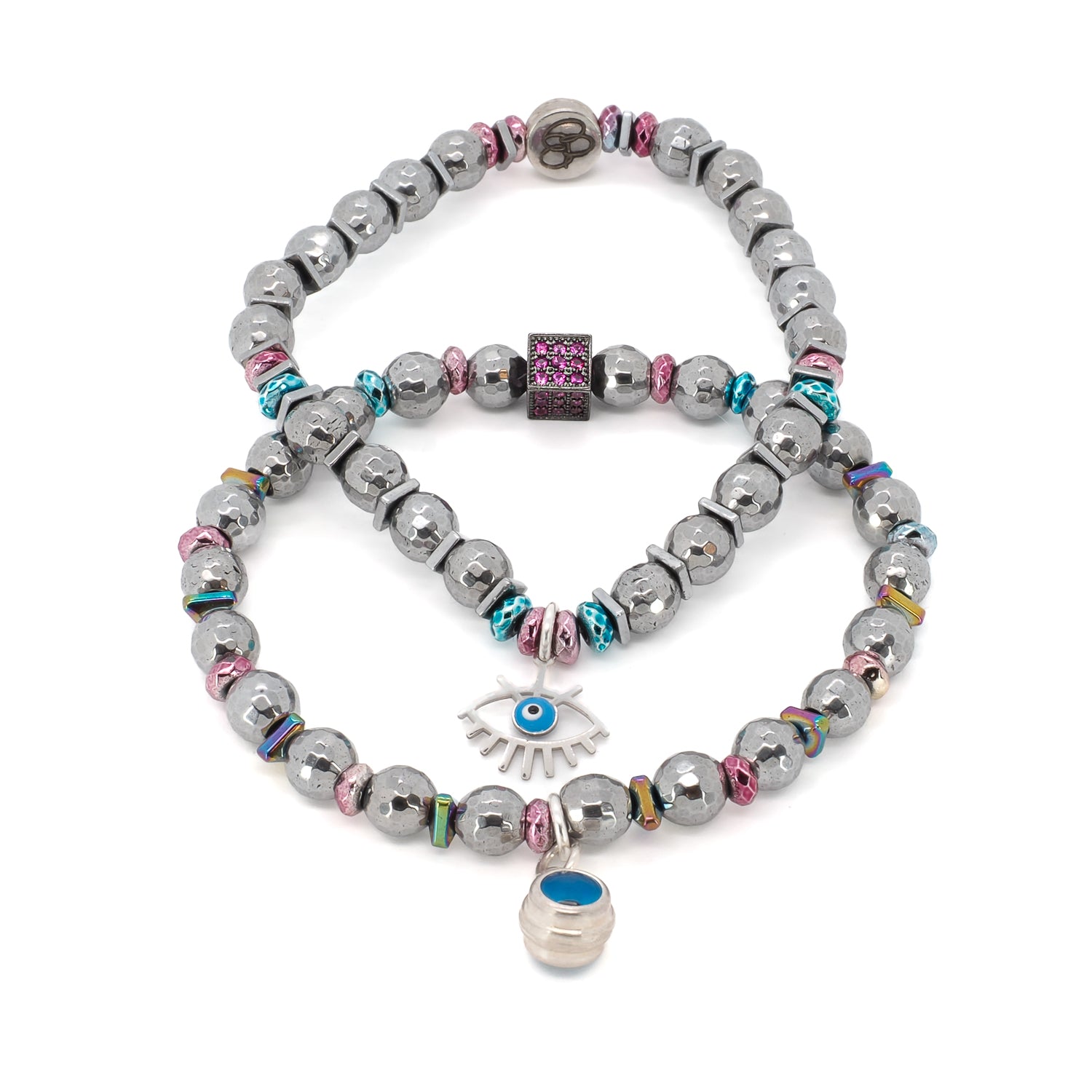 Eye Protection Hematite Bracelet Set - Handmade jewelry featuring silver faceted hematite stone beads, pink and blue hematite spacers, and a Sterling silver Evil Eye charm.