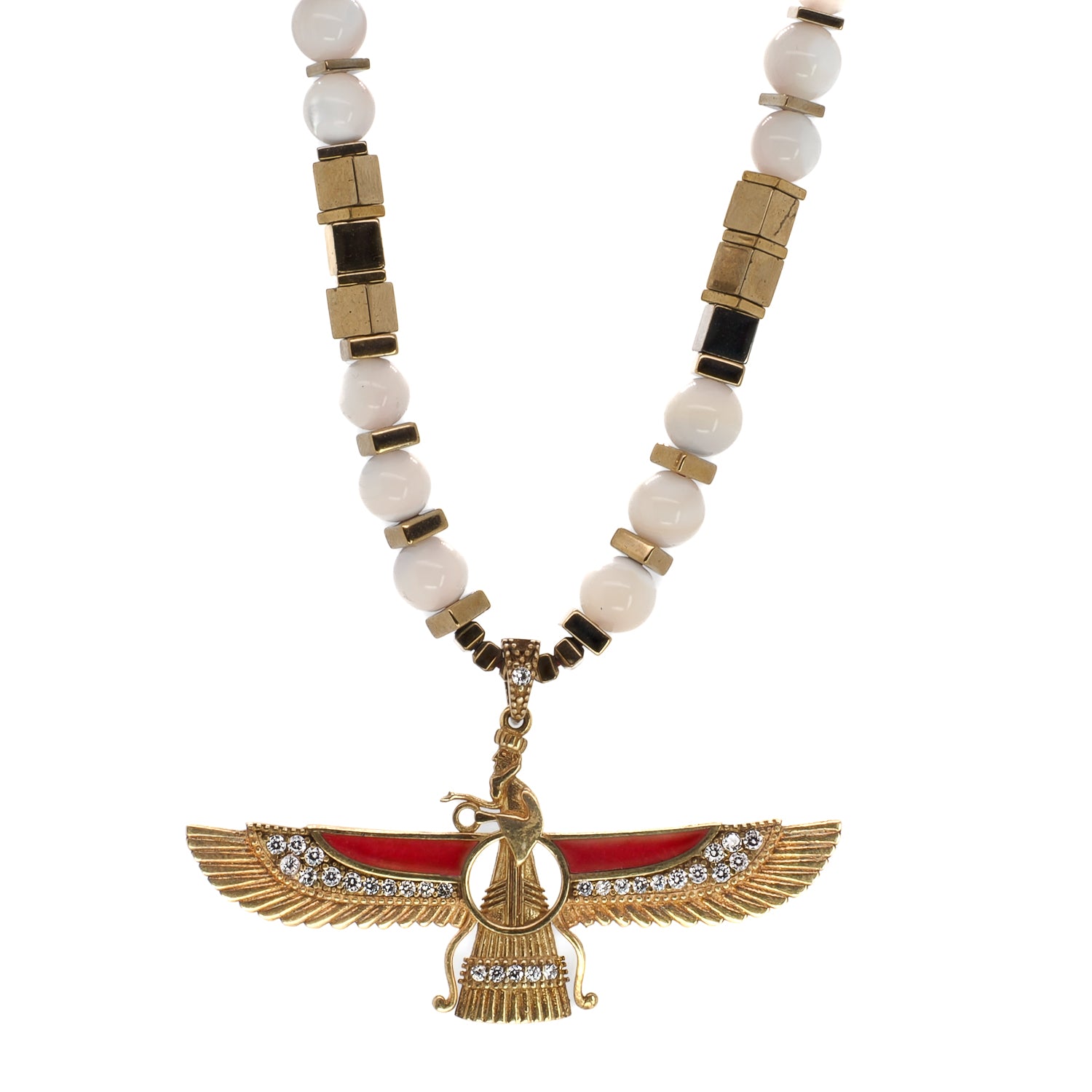 Faravahar Necklace - Handmade jewelry with a meaningful Faravahar pendant, gold hematite and pearl stone beads, and intricate symbolism.