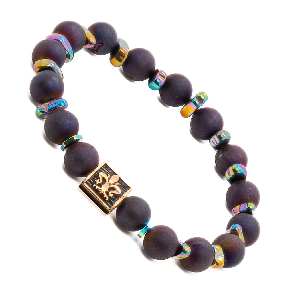 Elegant Fleur de Li Bracelet - Meticulously crafted accessory with a combination of Hematite and Druzy Agate stone beads, symbolizing nobility and grace
