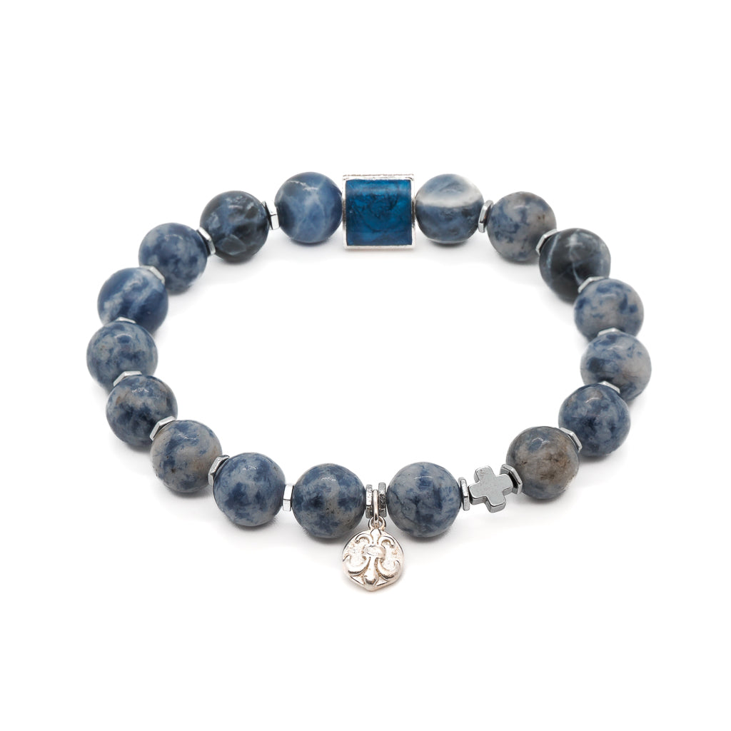 Fleur De Lis Blue Energy Bracelet - Handmade jewelry featuring sodalite, hematite, lapis lazuli, and sterling silver for a meaningful talisman with tranquil energies.