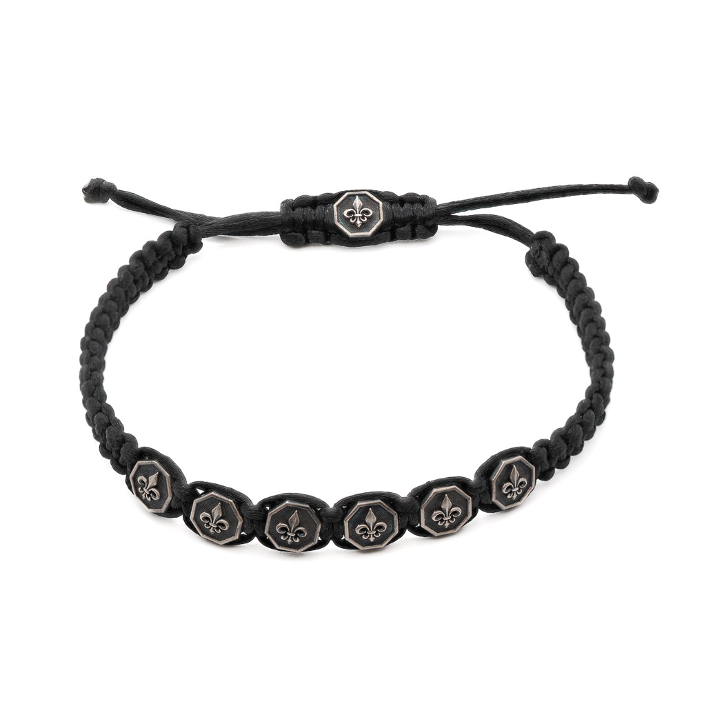 Fleur De Lis Woven Men Bracelet - Handmade accessory featuring black jewelry rope and 925 Sterling Silver Fleur De Lis Charms, perfect for bold and stylish men