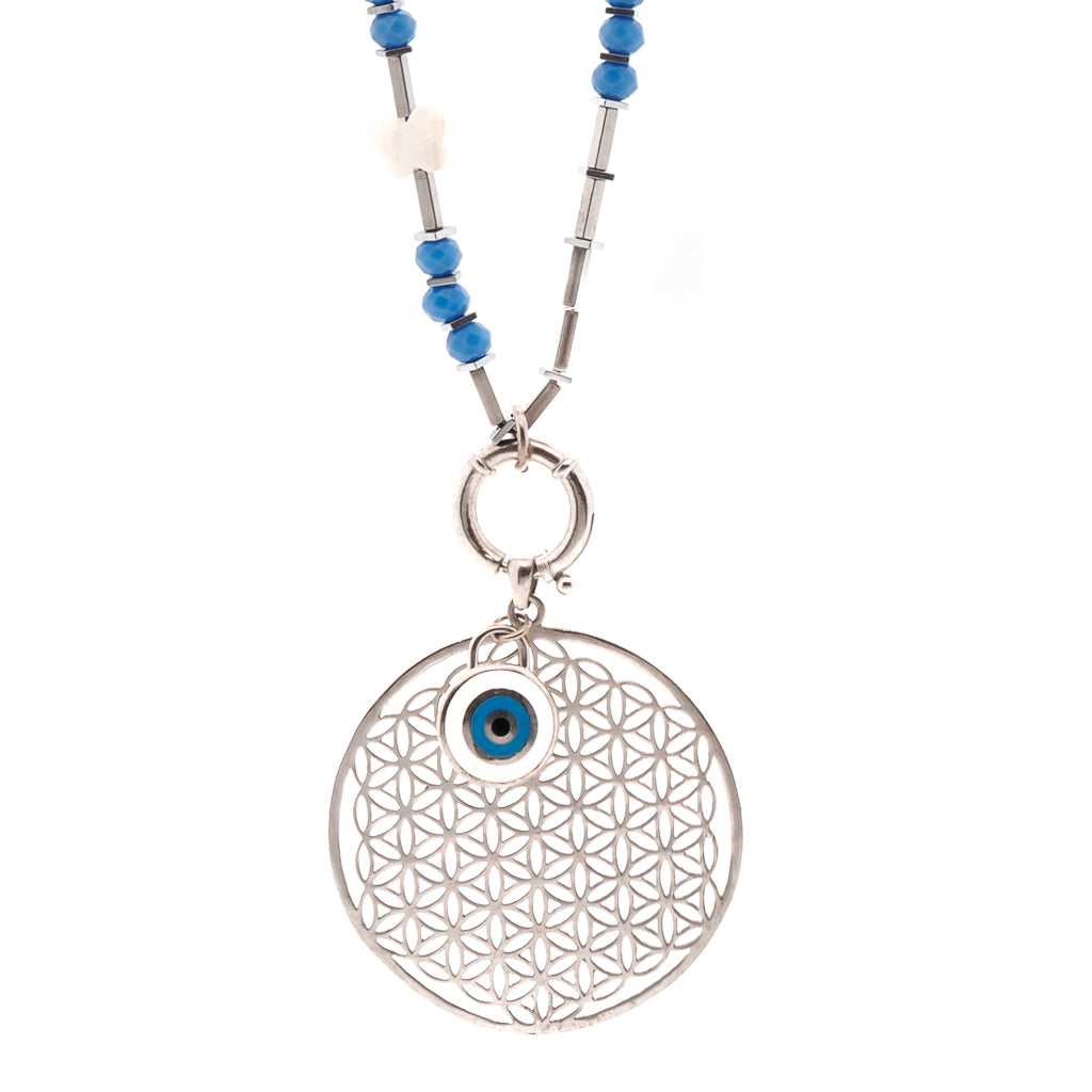 Flower of Life Necklace - Handmade accessory featuring a Sacred Geometry-inspired Flower of Life pendant, evil eye charm, and African elephant bead for protection and good luck