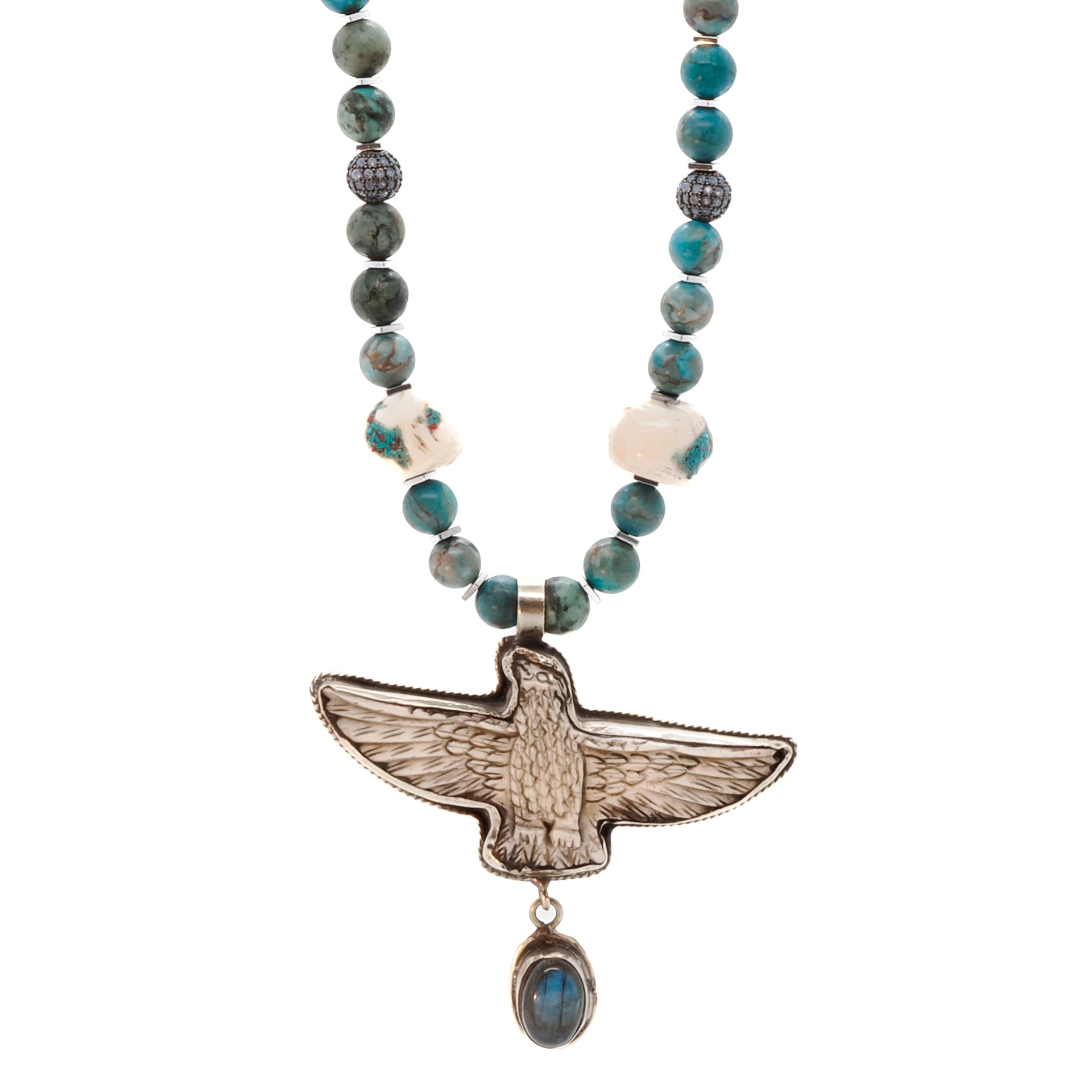 Freedom Eagle Necklace - Handcrafted accessory with crystal beads, African turquoise, evil eye beads, and an eagle pendant representing strength and rebirth.