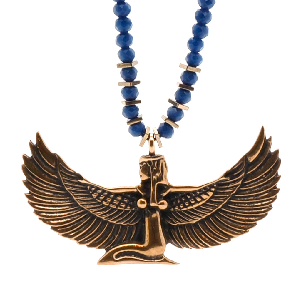 Goddess Isis Necklace - Handmade accessory featuring a beautiful combination of blue crystal beads, gold hematite stones, and a bronze pendant of the Goddess Isis, symbolizing healing and divine feminine energy.