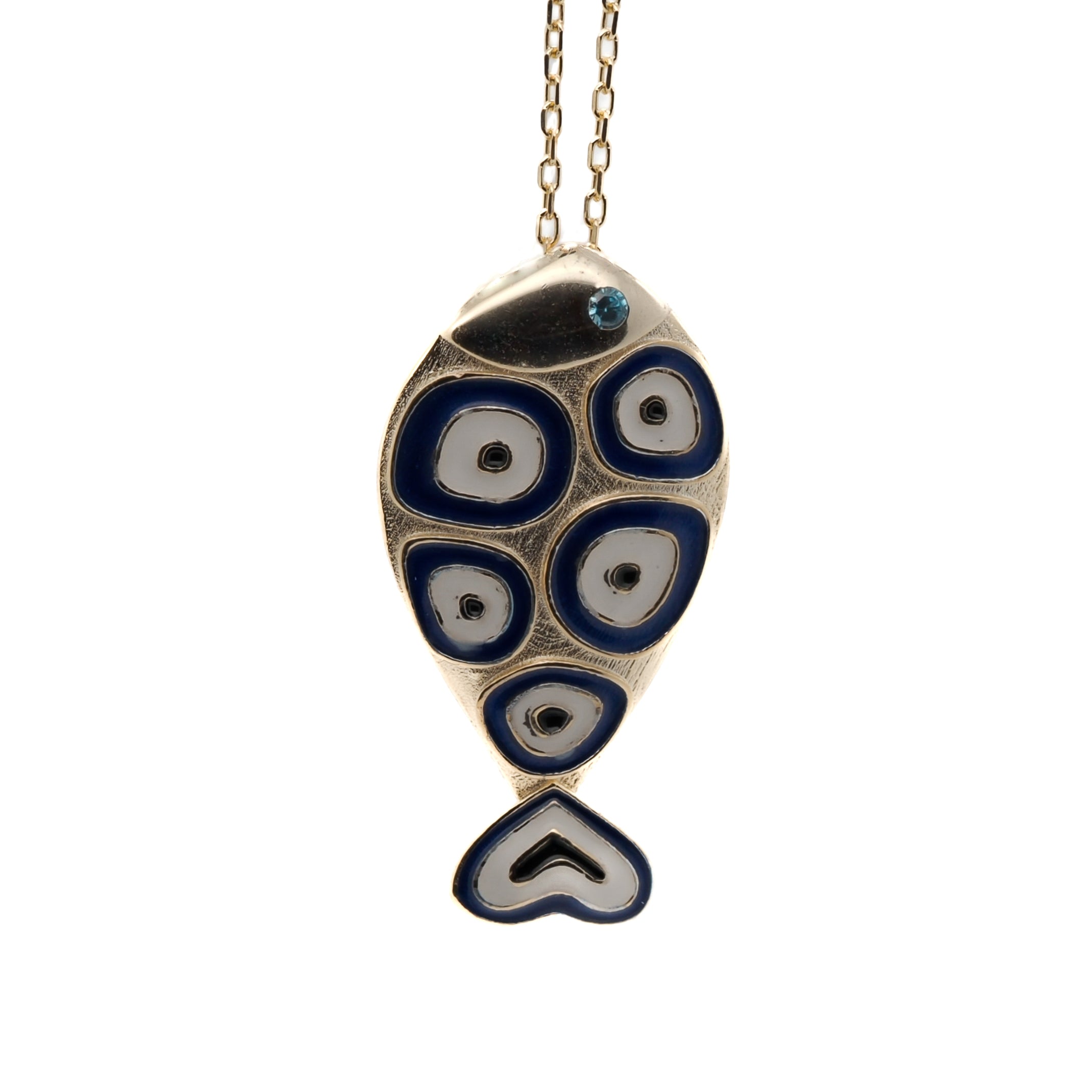 Gold and Blue Evil Eye Fish Necklace - Handcrafted necklace featuring a 925 Sterling silver pendant with blue enamel, surrounded by intricate evil eye designs for protection and good luck.
